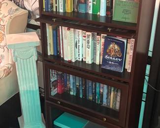Barrister style bookcase, books, sculpture stand