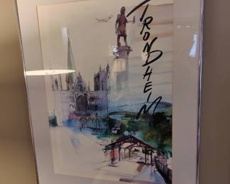 This item is a framed watercolor print depicting the city of Trondheim, Norwa