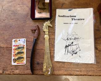 Vintage brass and plastic shoe horns, bake a light bracelets, gold, plated, pill boxes, gold, plated, Jackie, Robinson, baseball card, and Moore