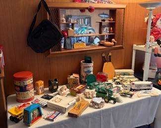 Lock n logs, banks, vintage Hess trucks, and toys.