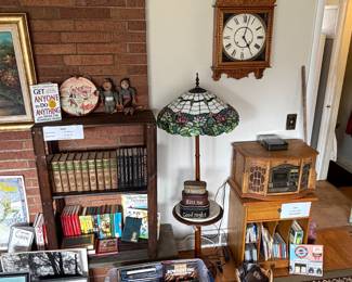 Tiffany Shade floor lamp, stereo, clock and vintage books.,