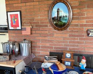 Soup pots, ceramics, rolling pin, clock, garlic press and gnome.