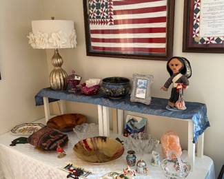 Vintage airplane, wall, art, ceramic pasta, bowl, and table lamp, framed flag and glassware.