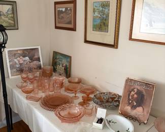 Pink depression and nicely framed and matted artwork.