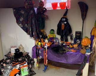 Large variety of Halloween decorations and costumes.