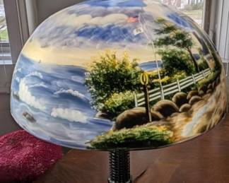 Vintage Thomas Kinkade " A Light In The Storm " Reverse Painted Table Lamp Double Bulb