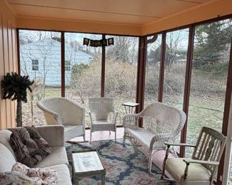 Wicker furniture, rocking chair, couch, and table