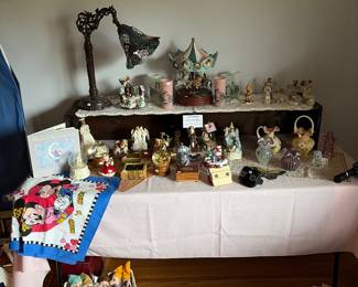 Gooseneck lamp, vintage Golden books, fluted pitchers, music boxes, Disney plush and more.