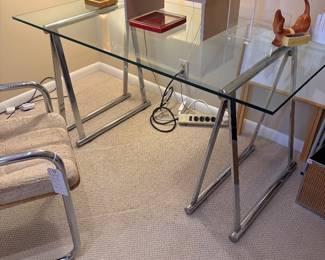 Maisen Jansen style chrome and glass sawhorse trestle desk