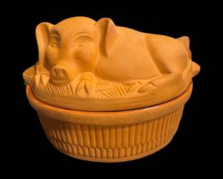 Vintage Terra cotta lidded pig casserole 