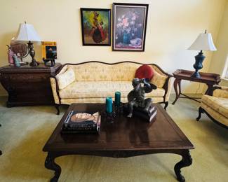 Vintage French Country Sofa with Wood trim