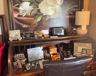 Roll top desk, Magnolia painting and Harley stuff