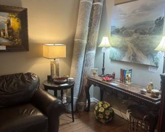 Fine Rugs, Modern oil , sofa table, modern lamps, vintage Ash tray and lighter set. 