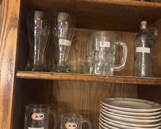 Vintage A&W glasses and stoneware plates 