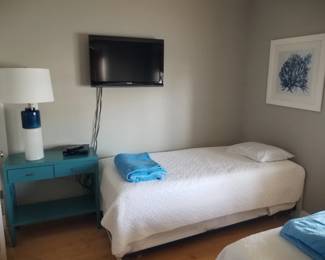 Twin bed; two-drawer accent table