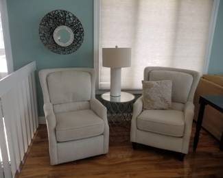 Chairs made in America by England Furniture - one swivels. End table; table lamp