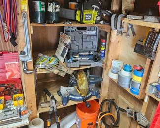 Ryobi chop saw, Ryobi chainsaw, and Ryobi jig saw