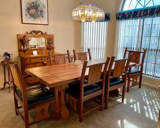 Hand made dining table decorative checkerboard diamond design with 6 large chairs 