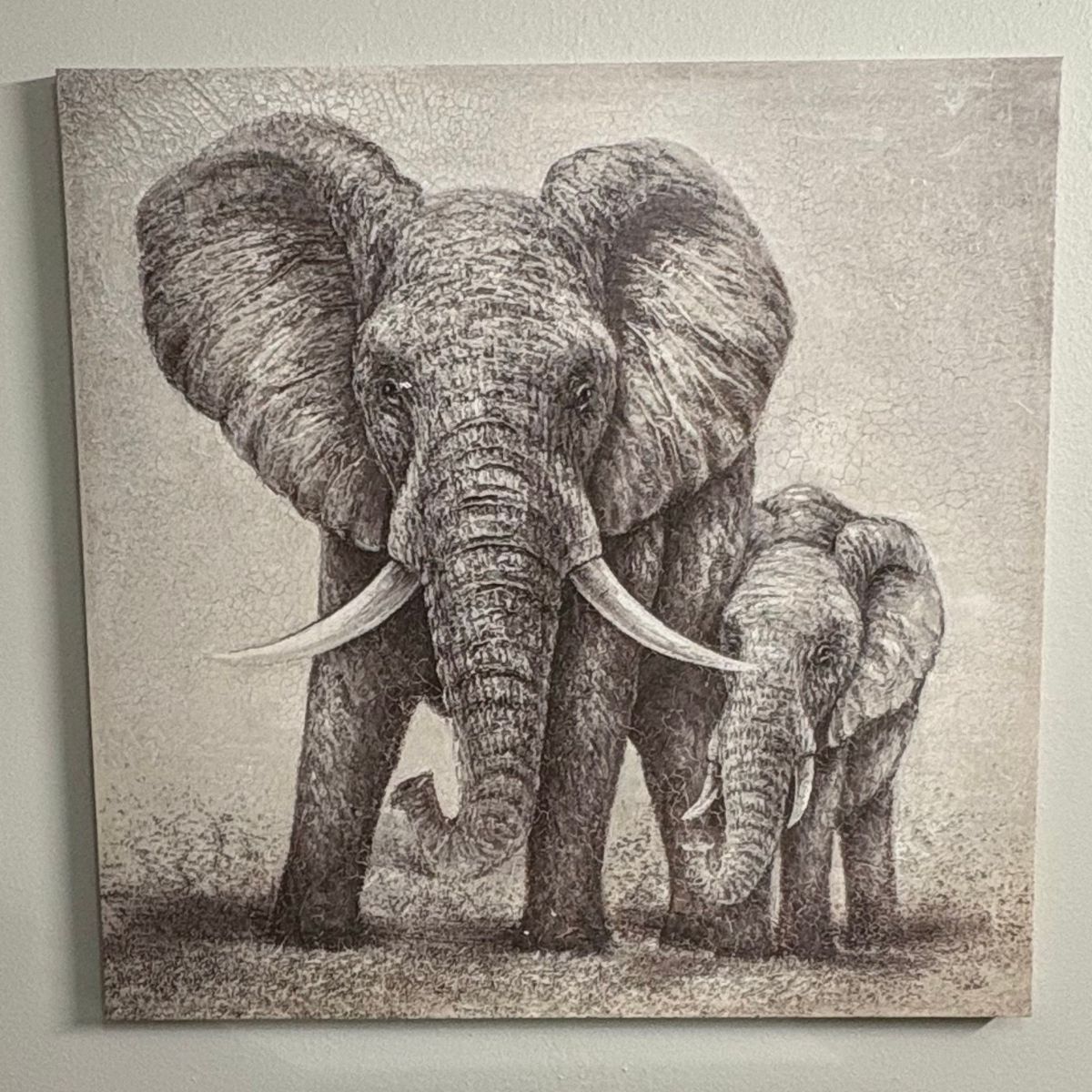 African Elephant Mother and Calf Pencil Drawing Print
