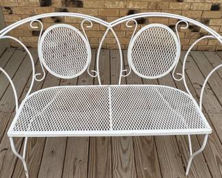 Vintage White Wrought Iron Garden Bench with Scrolled Back and Mesh Inserts