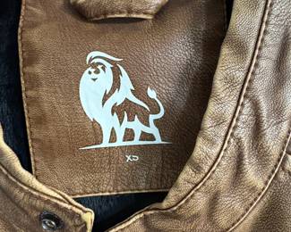 Men's Distressed Brown Faux Leather Moto Jacket with Lion Logo