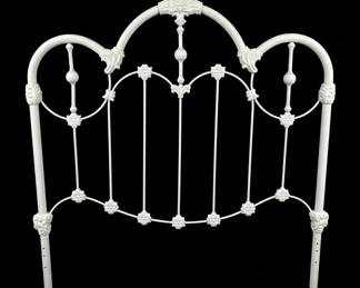 Antique White Enameled Cast Iron and Brass Bed Frame with Floral Motifs