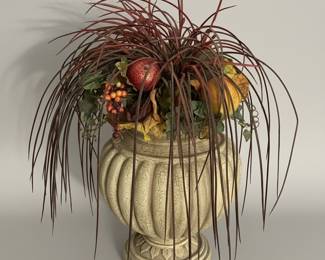 Faux Autumn Arrangement with Pheasant Feathers and Grasses in Fluted Urn