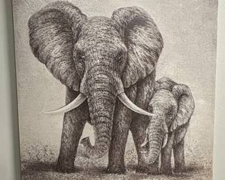 African Elephant Mother and Calf Pencil Drawing Print