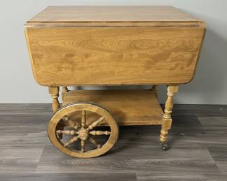 Vintage Colonial Style Wooden Drop Leaf Tea Cart with Spoke Wheels