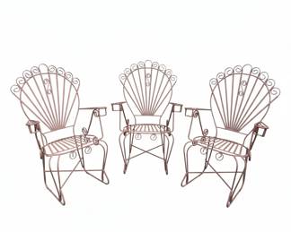 Vintage Wrought Iron Peacock Fan Back Patio Chairs (Set of 3, Two Rockers and one Stationary)