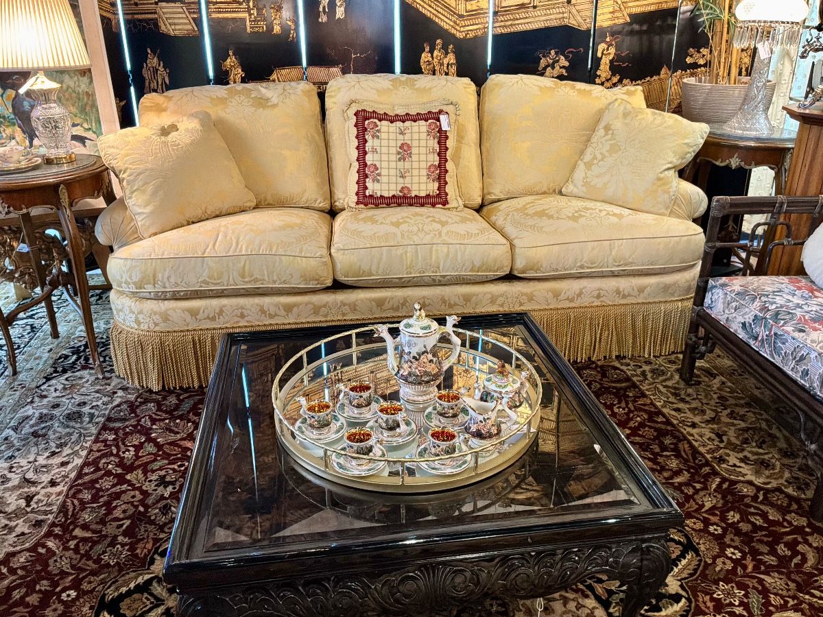 Comfortable 3-cushion damask sofa by Baker, down seat cushions