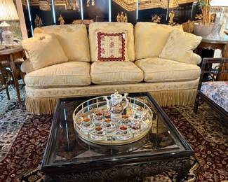 Comfortable 3-cushion damask sofa by Baker, down seat cushions 