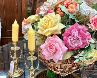 Pair of brass deer, head candle holders, basket of silk roses