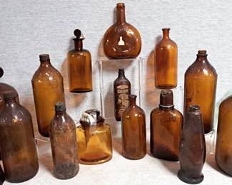 AMBER GLASS BOTTLE LOT 