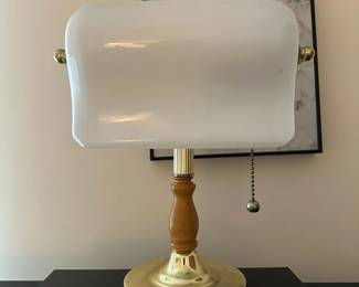Vintage Bankers Lamp with Wood Accent and Brass Base