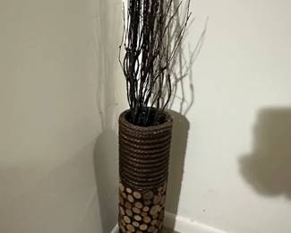 Tall Woven Floor Vase with Wood Slices and Dried Branches