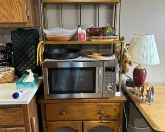 Vintage Metal Bakers Rack with Wooden Cabinet and Cane Inserts