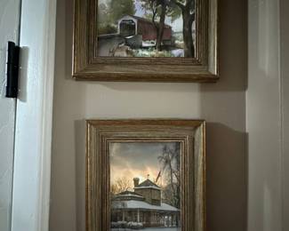 Set of Two Framed Prints Covered Bridge and Winter Train Station