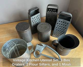 Vintage Kitchen Utensil Set Box Graters, Flour Sifters, and Mouli Rotary Grater