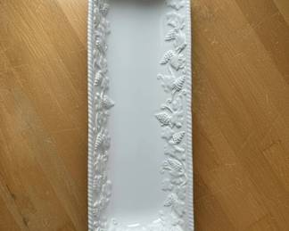 White Ceramic Rectangular Tray with Embossed Grapevine Motif