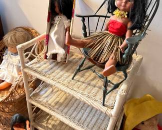 Vintage Hawaiian Hula Dolls and Wicker Shelf