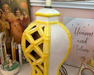 Vintage Yellow and White Ceramic Faux Bamboo Lamp