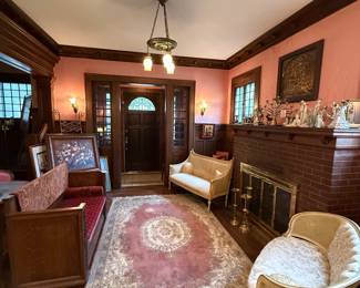Victorian Style Settee, Cane-backed Armchair, and Oriental Rug Ensemble