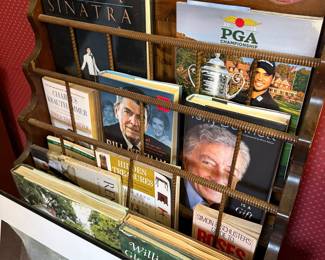 Vintage Wooden Magazine Rack with Assorted Books