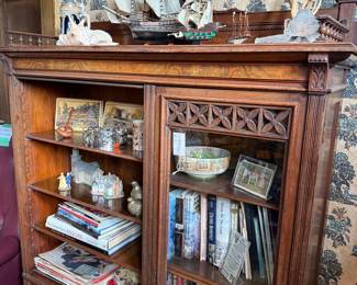 Antique Oak Carved Display Cabinet / Bookcase