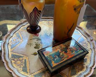 Art Nouveau Iridescent Glass Vases and Russian Lacquer Box Set