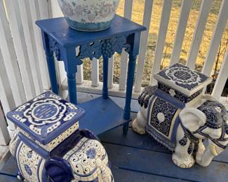 Blue and White Ceramic Elephant Garden Stool Set