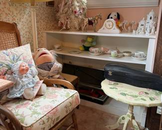 Vintage Doll and Rocking Chair with Floral Upholstery