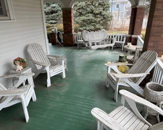 White Wicker Porch Swing and Adirondack Chairs Set