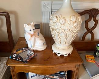 Vintage Ceramic Cat Figurine with Floral Decals and Pink Ribbon